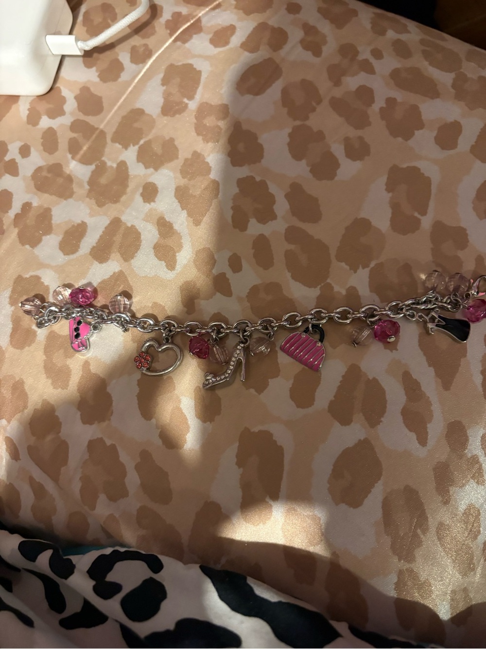 Silver Pink Charm Bracelet with Heart, Shoe & Purse Charms